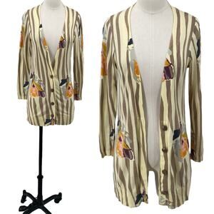 Anthropologie Sparrow Cardigan Mixed Print Longline Cotton Artsy Beige Small